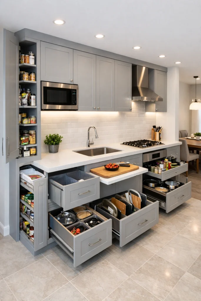 Small Kitchen with Hidden Pull-Out Drawers and Smart Storage Idea