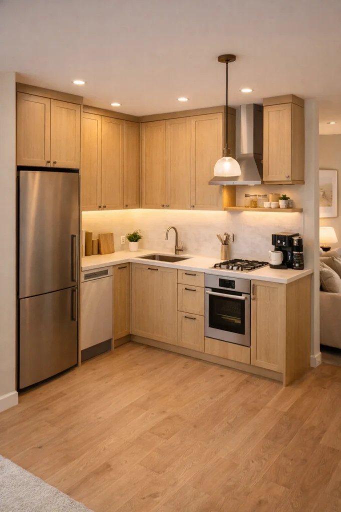 Small Kitchen with Light Wood Cabinets and Warm Lighting Idea