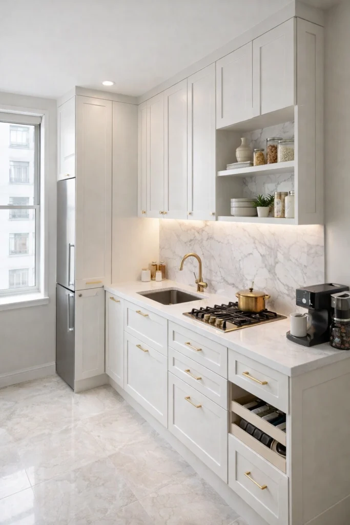 Small Kitchen with Marble Accent Backsplash Idea