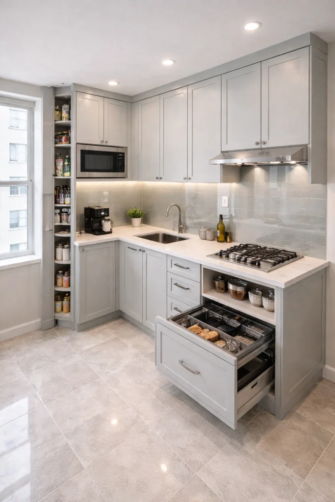 Small Kitchen with Reflective Glass Backsplash Idea