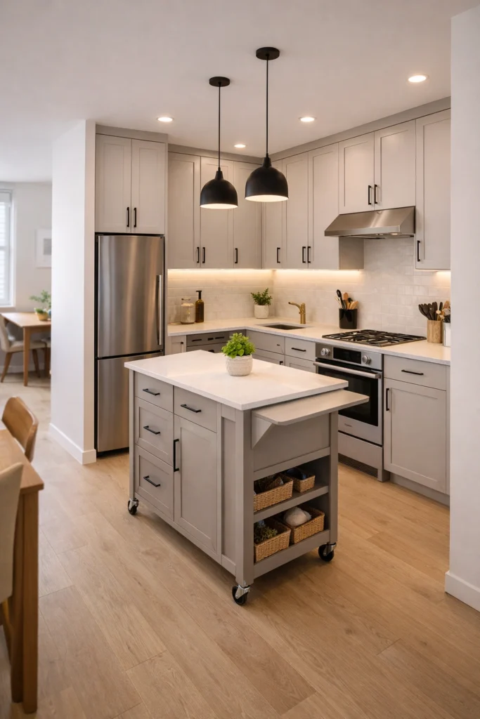 Small Kitchen with Rolling Island Storage Idea