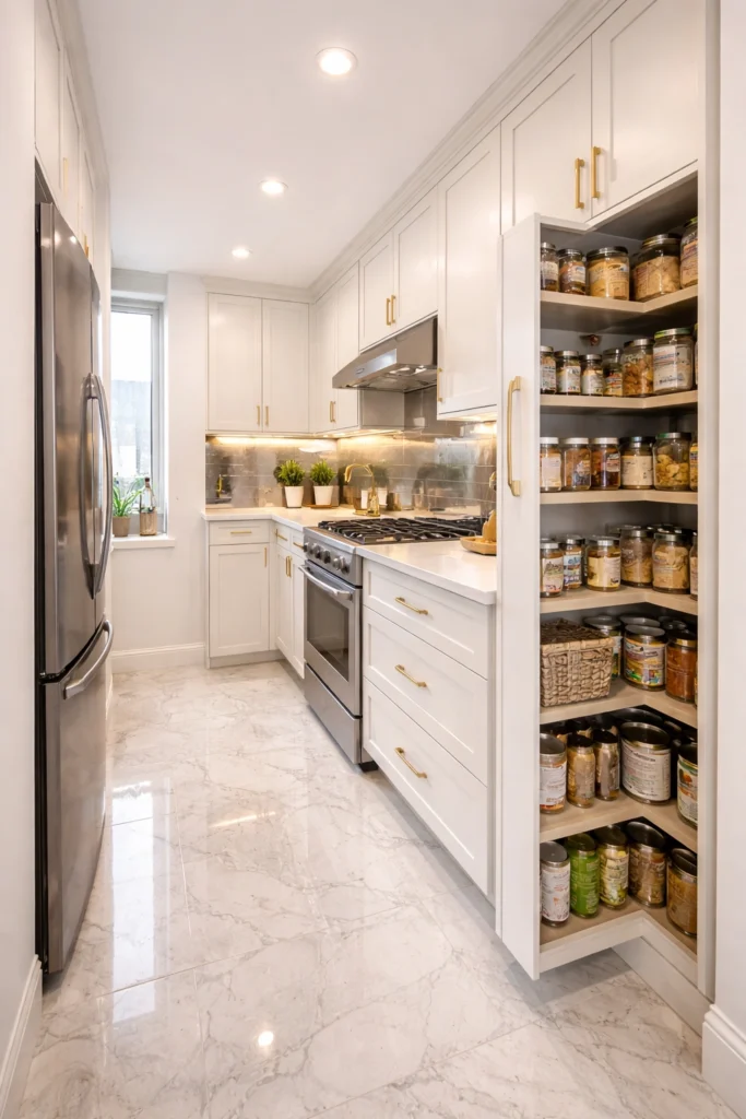 Small Kitchen with Sliding Pantry Wall Idea