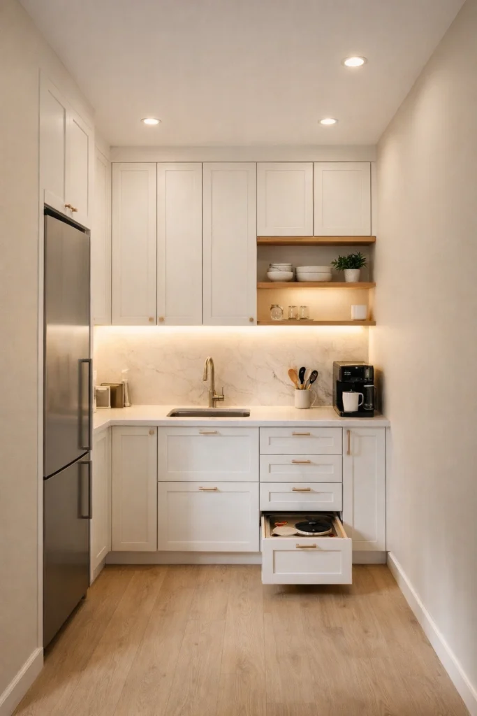 Small Kitchen with Under Cabinet Lighting Focus Idea