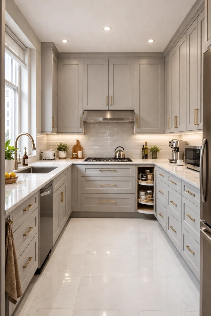 Small U-Shape Kitchen with Soft Grey Cabinets Idea