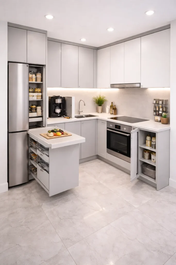 Smart Modular Small Kitchen with Built-In Appliances Idea