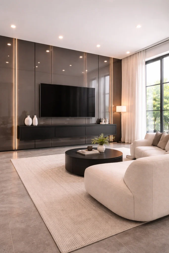 Smoky Glass Paneling Modern Living Room Feature Wall Idea