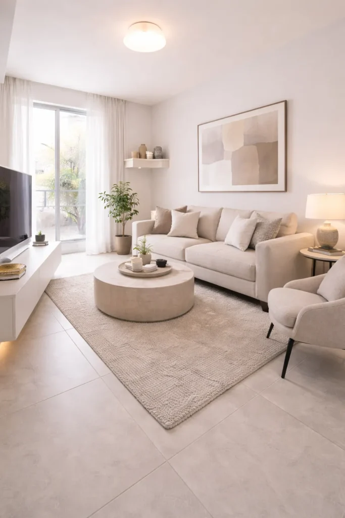 Soft Neutral Compact Stylish Living Room Idea