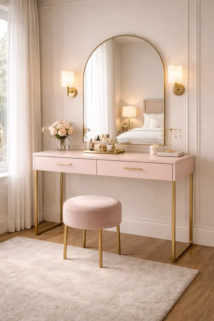Soft Blush Pink Vanity with Elegant Gold Frame Mirror Idea