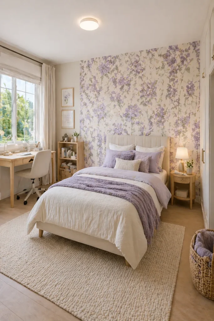 Soft Lilac Floral Wallpaper Relaxed Teen Bedroom Idea