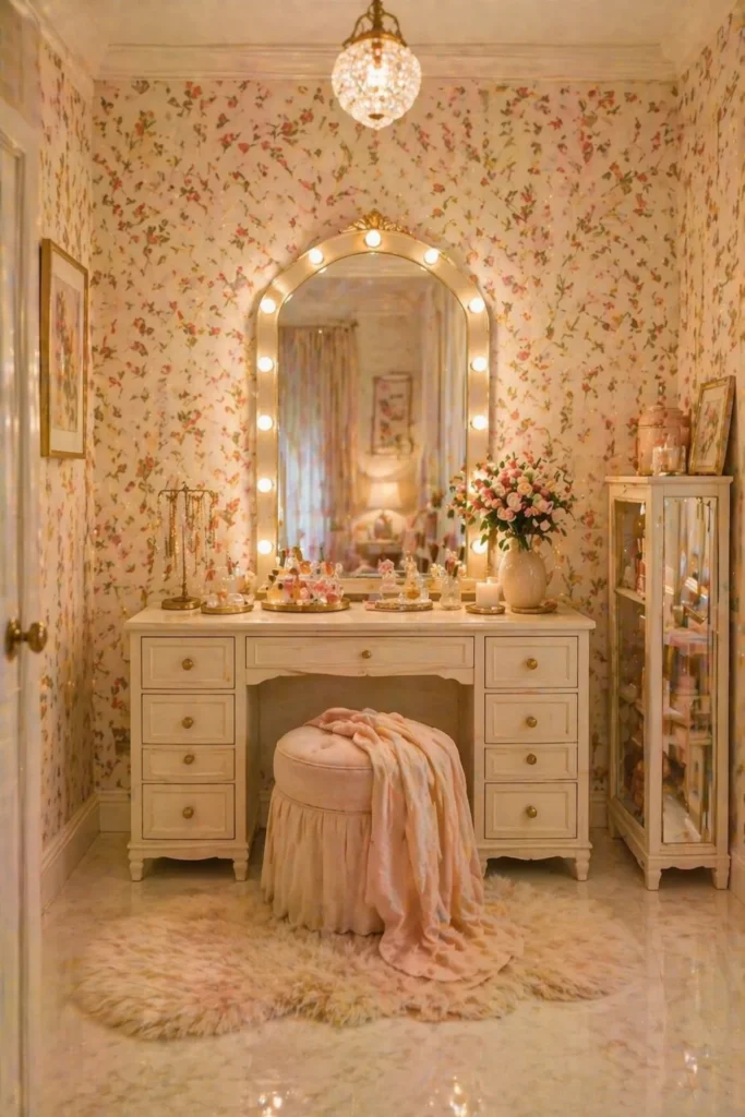 Soft Red Rosebud Vanity Wall Idea
