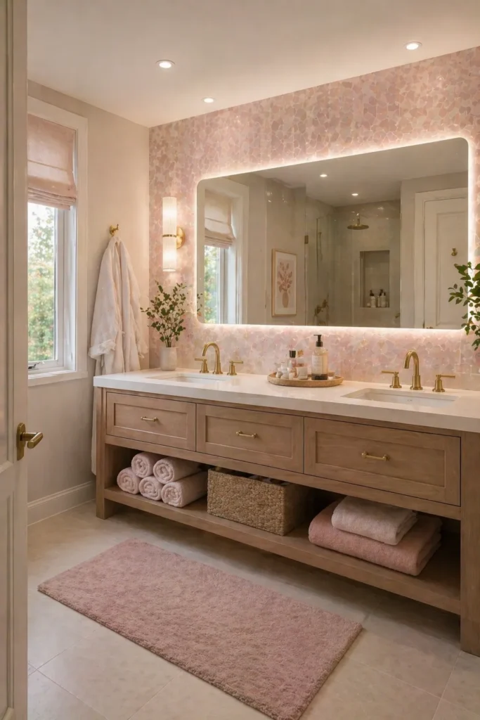 Soft Pink Mosaic Wallpaper for Bathroom Vanity Area Idea