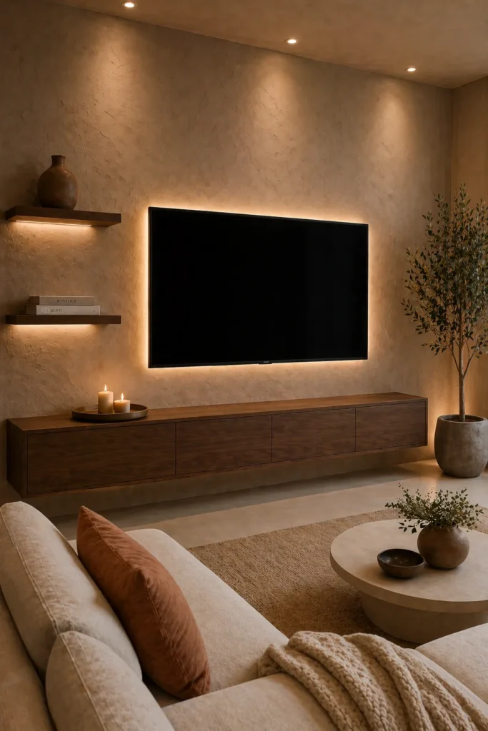 Soft Clay Textured Media Wall Idea