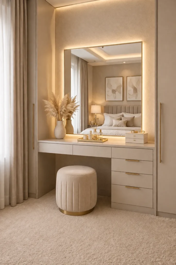 Soft Neutral Bedroom Vanity with Built-In Drawers Idea