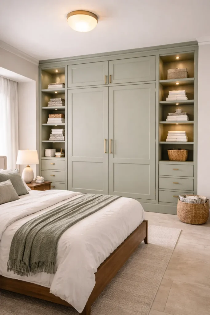 Soft Sage Green Double Door Wardrobe with Open Shelves Idea