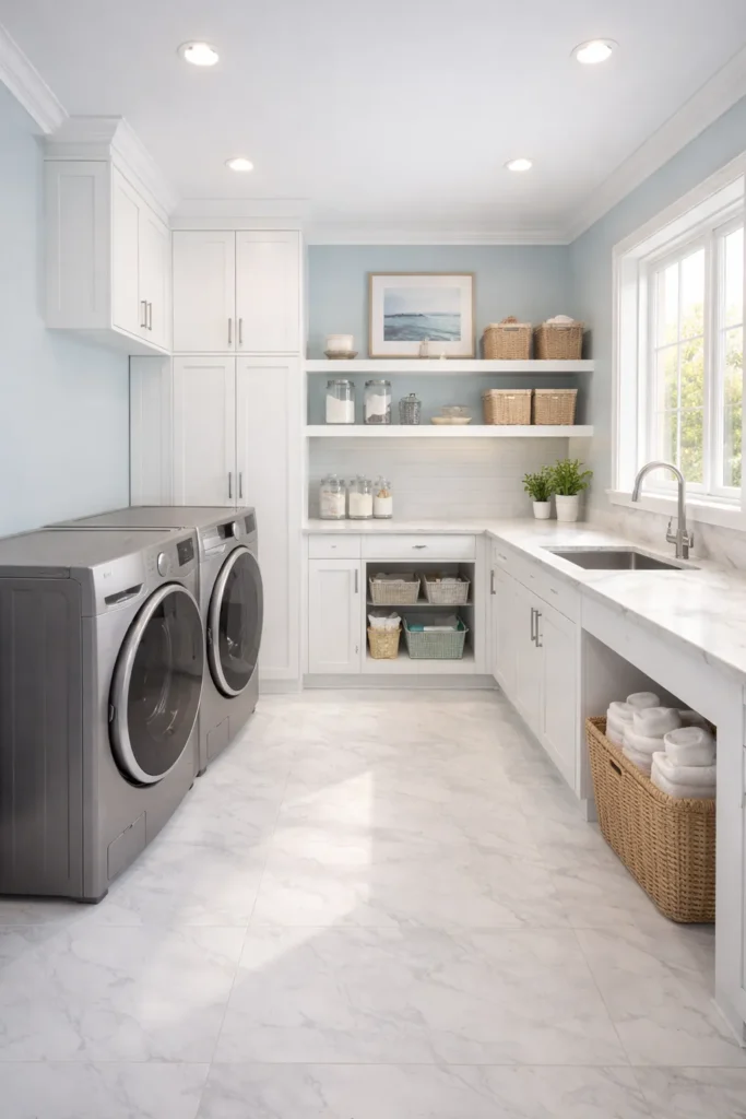 Soft Blue Coastal Laundry Room with Clean Cabinetry Idea