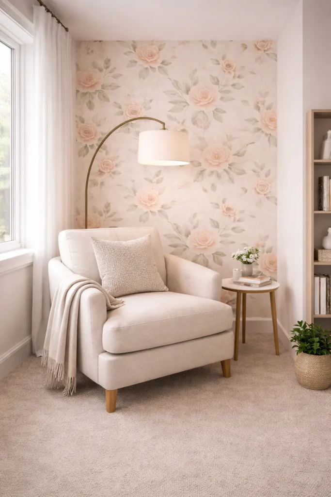 Soft Peach Floral Wallpaper Serene Reading Corner Idea