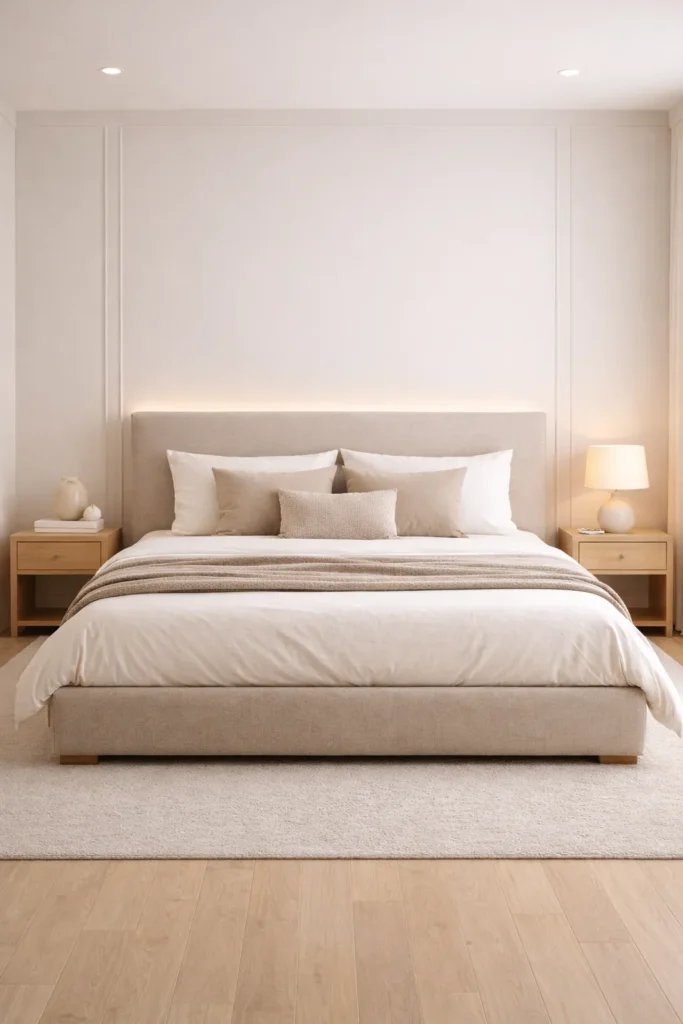 Soft Neutral Bedroom With Fabric Headboard Idea