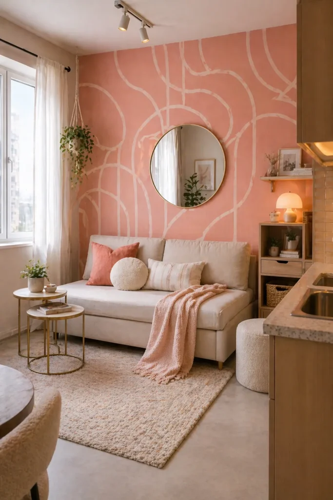 Soft Coral Curve Wallpaper for Studio Apartment Corner Idea