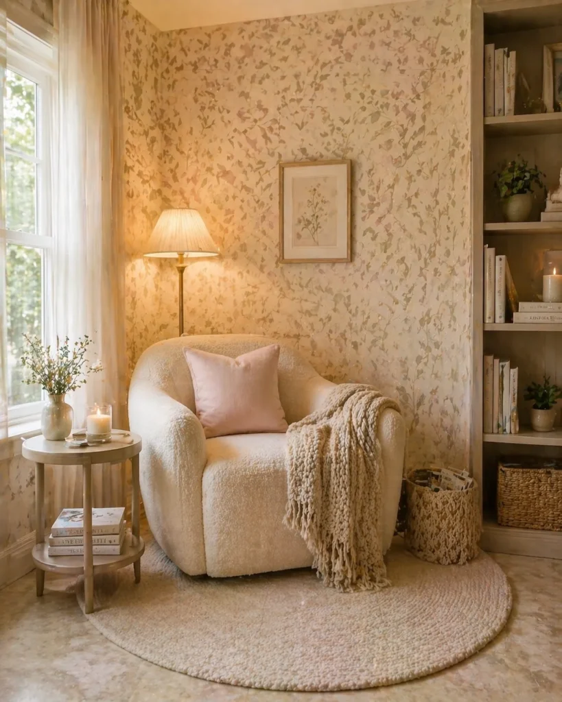 Soft Beige Vine Reading Nook Wallpaper Idea