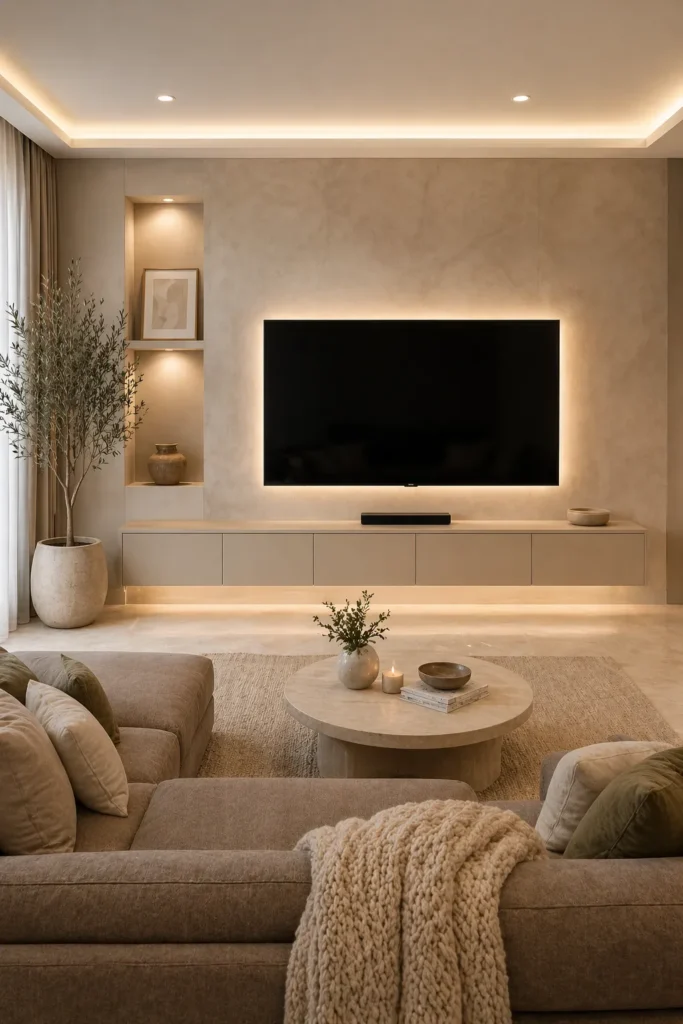Soft Beige Textured Media Wall Idea