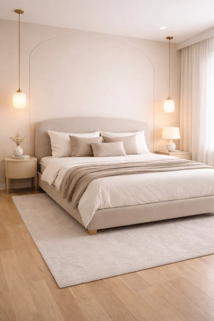 Soft Sand Minimal Bedroom With Curved Headboard Idea