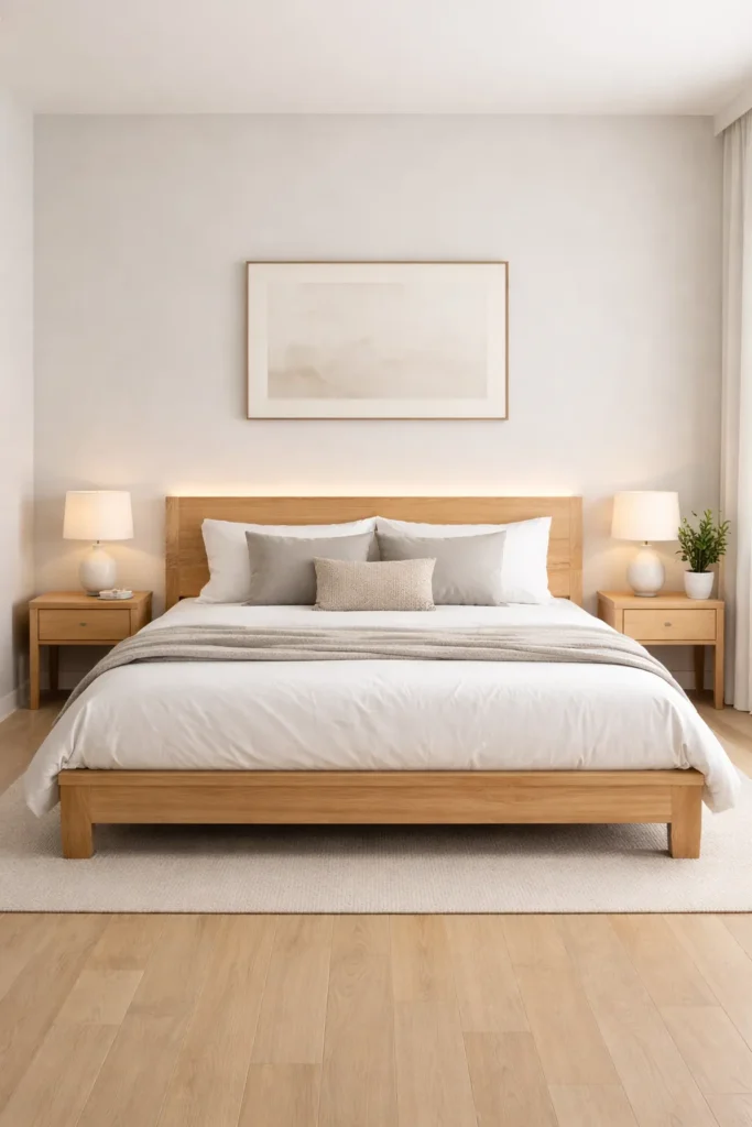 Soft Grey Minimal Bedroom With Natural Wood Bed Idea