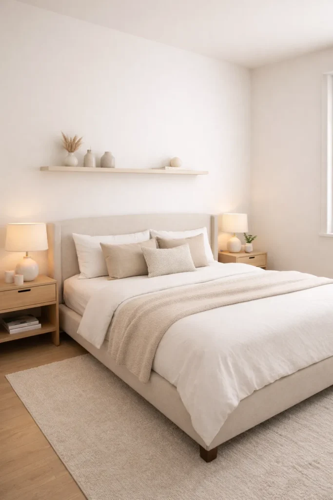Soft Neutral Bedroom With Minimal Wall Shelf Idea