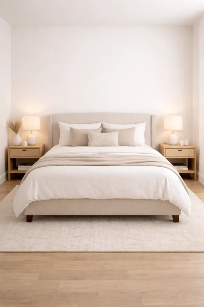 Soft White Bedroom With Neutral Upholstered Bed Idea