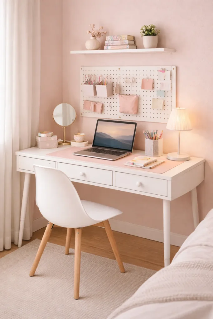 Soft Pastel Study Desk Setup Idea