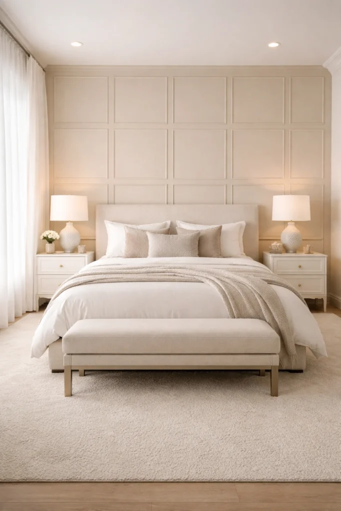 Soft Beige Square Grid Bedroom Wall Paneling Idea