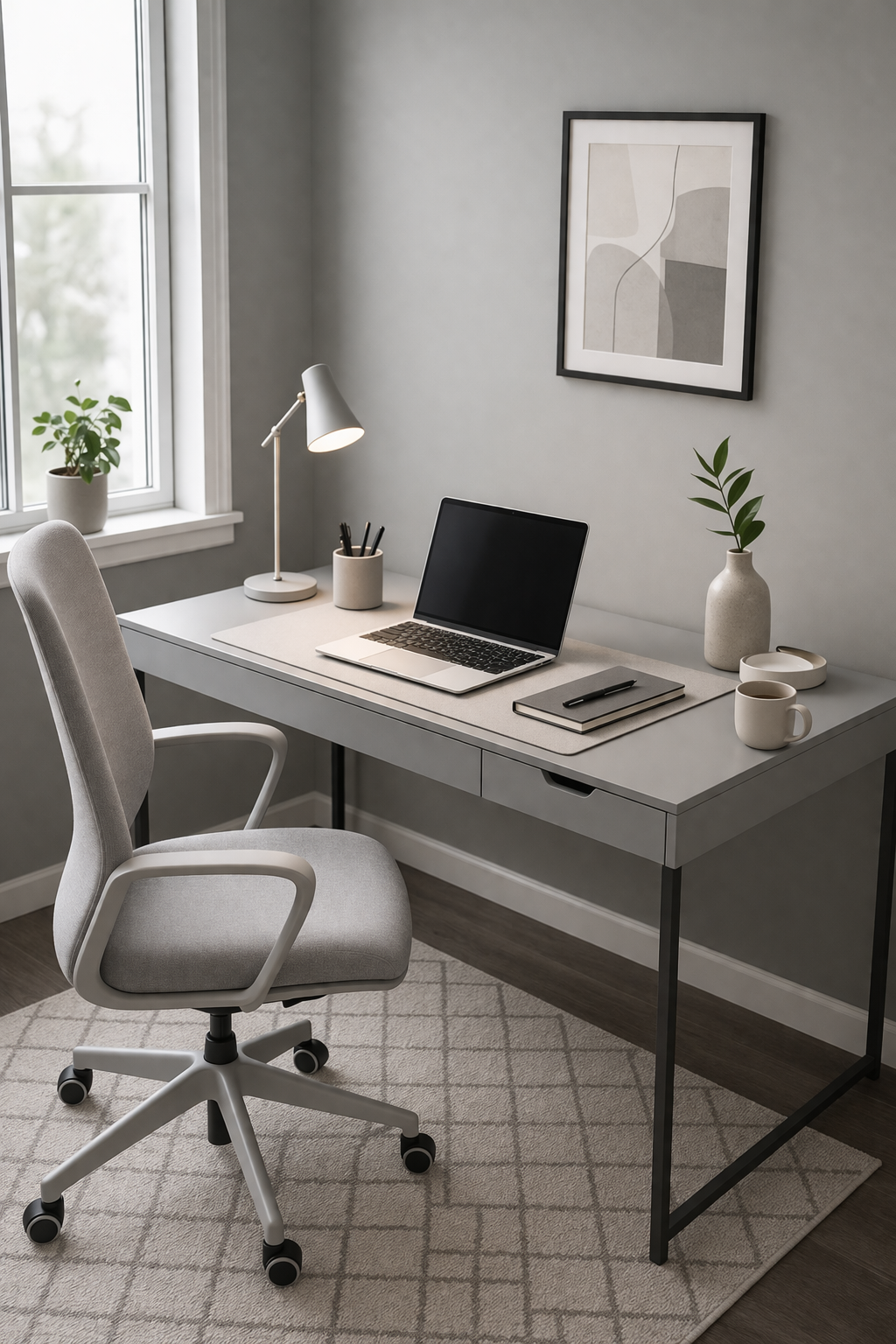 Soft Grey Minimal Desk Setup Idea