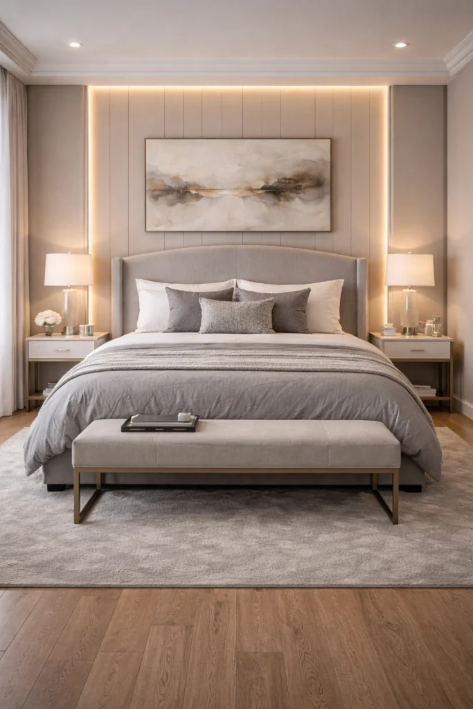 Soft Grey Vertical Panel Elegant Bedroom Idea