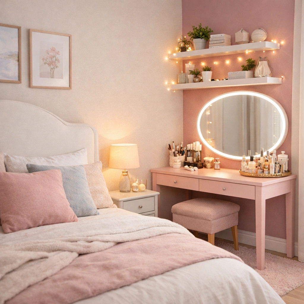 Soft Pink Vanity Focus Bedroom Idea
