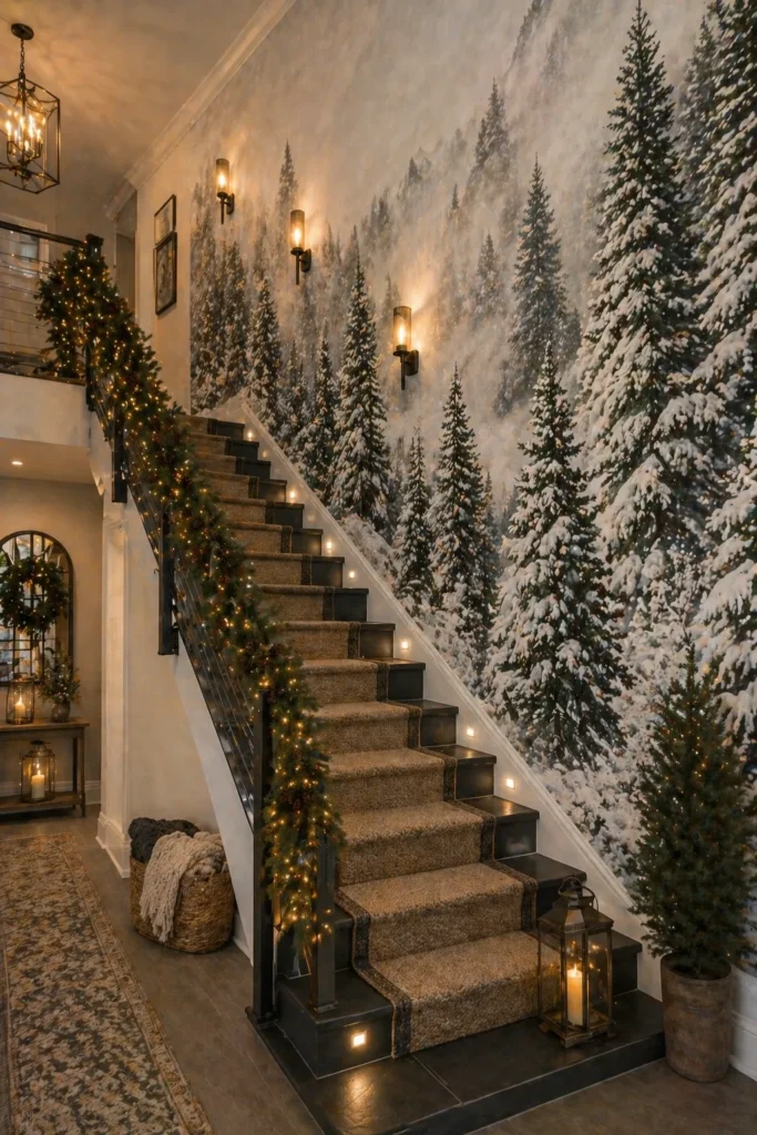 Staircase Snowy Pine Panorama Wall Idea