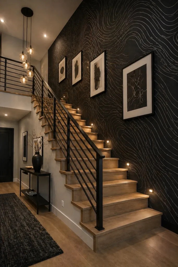 Staircase Wall with Black Abstract Line Wallpaper Idea
