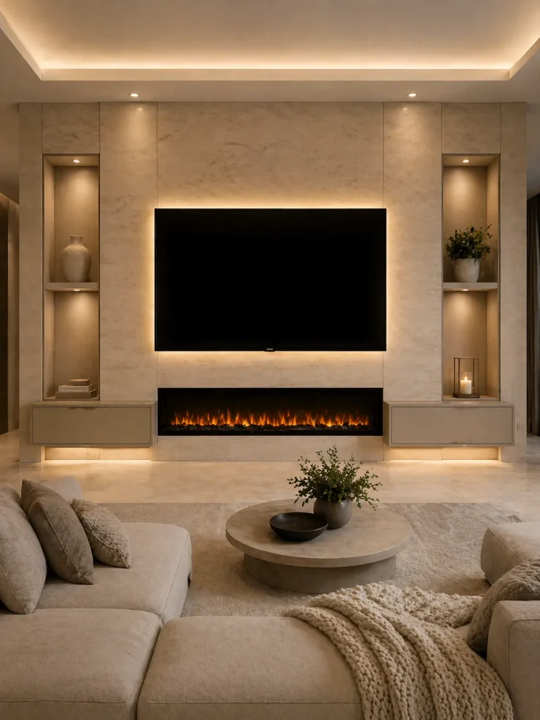 Stone Beige Fireplace Combo Media Wall Idea