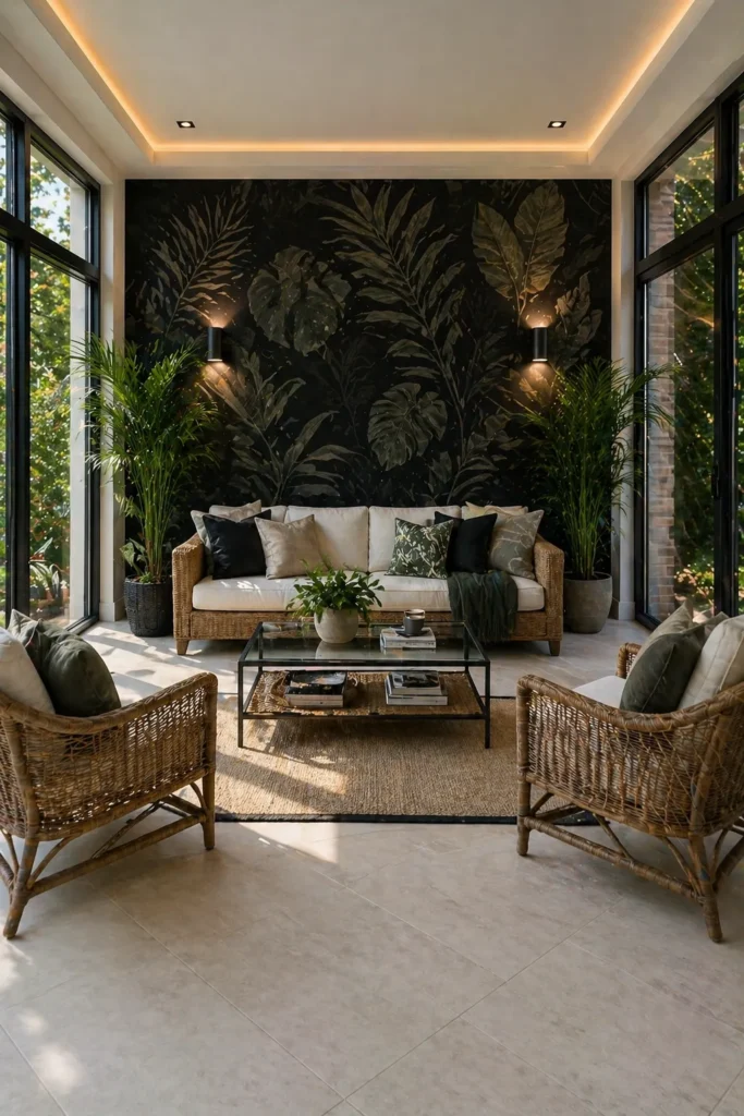 Sunroom with Black Botanical Wallpaper Idea