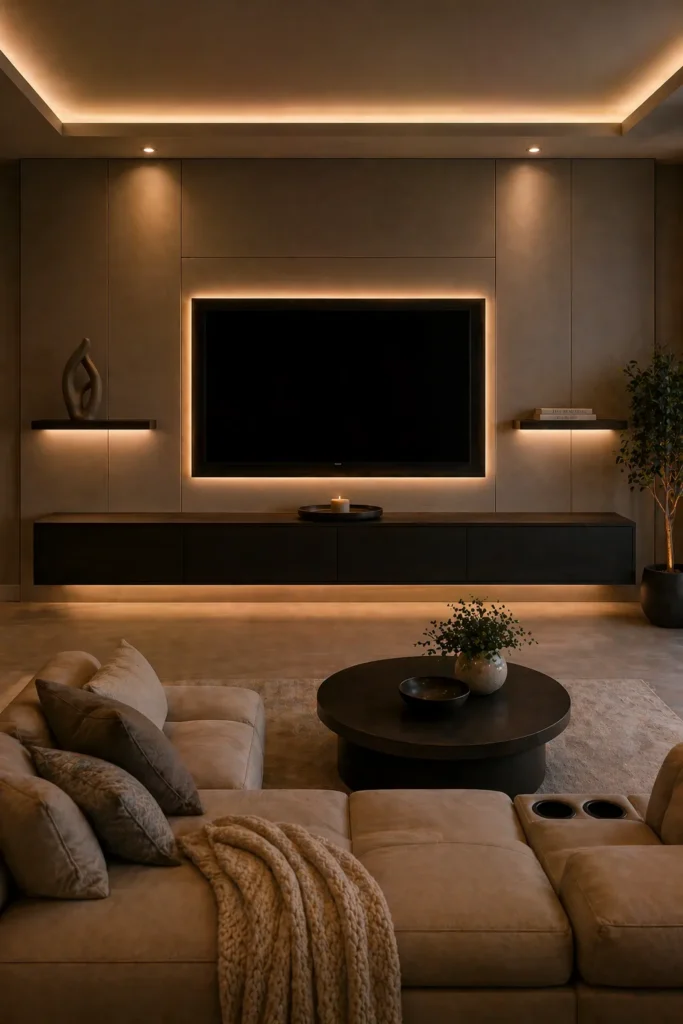 Taupe Modern Cinematic Media Wall Idea