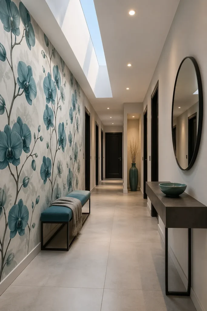 Teal Orchid Floral Wallpaper Modern Hallway Idea