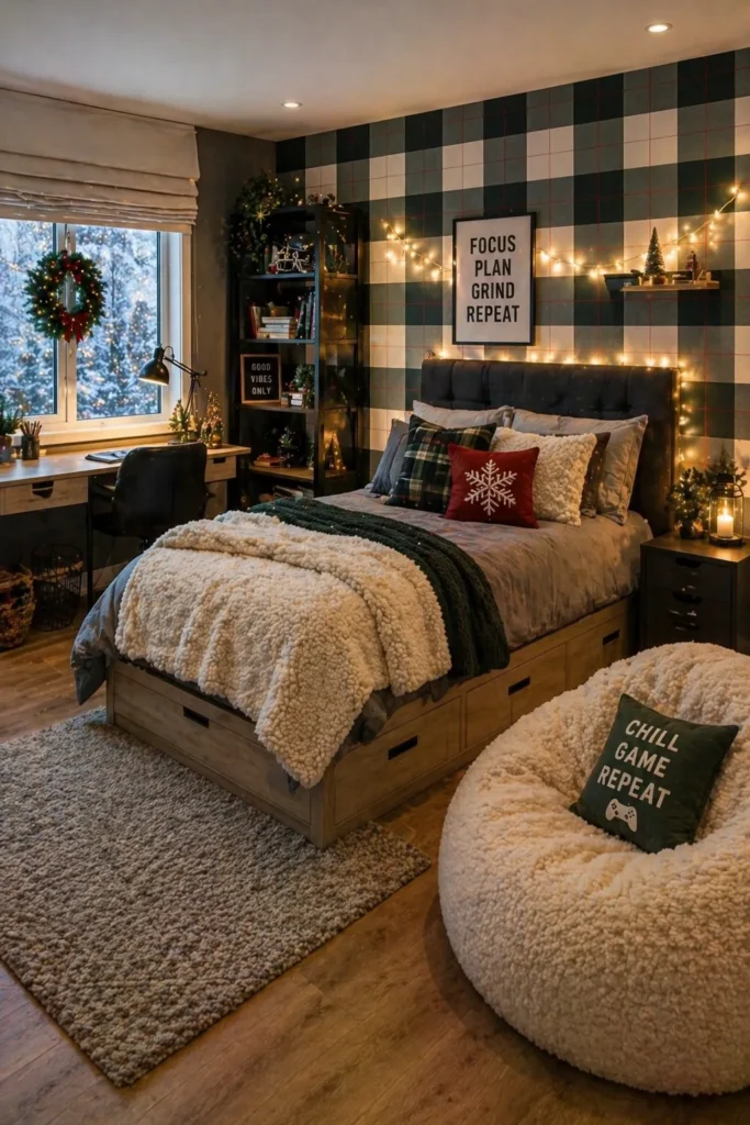 Teen Bedroom Festive Check Statement Wall Idea
