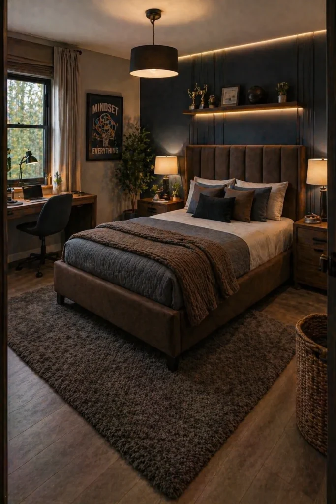 Teen Bedroom with Brown Upholstered Bed Idea