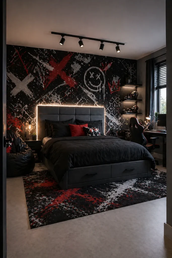 Teen Bedroom with Black Street Art Wallpaper Idea