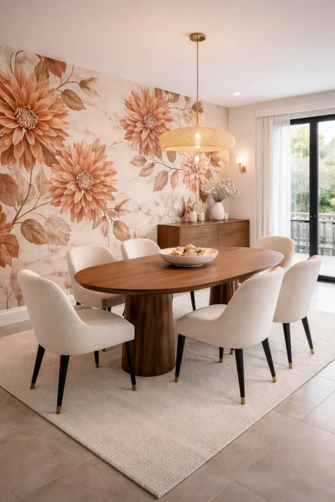 Terracotta Floral Wallpaper Stylish Dining Room Idea