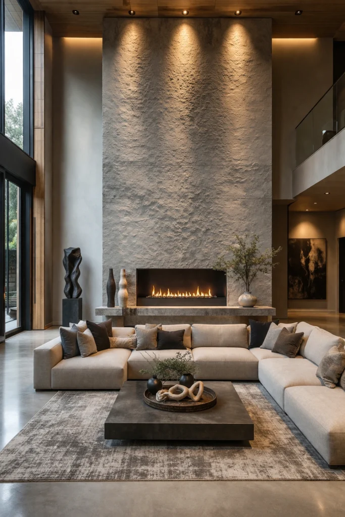 Textured Concrete Fireplace Wall Idea