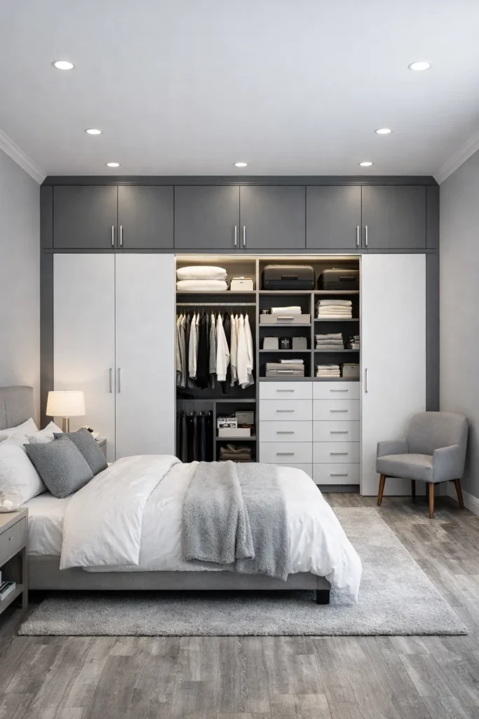 Two-Tone Grey and White Wardrobe with Loft Cabinets Idea