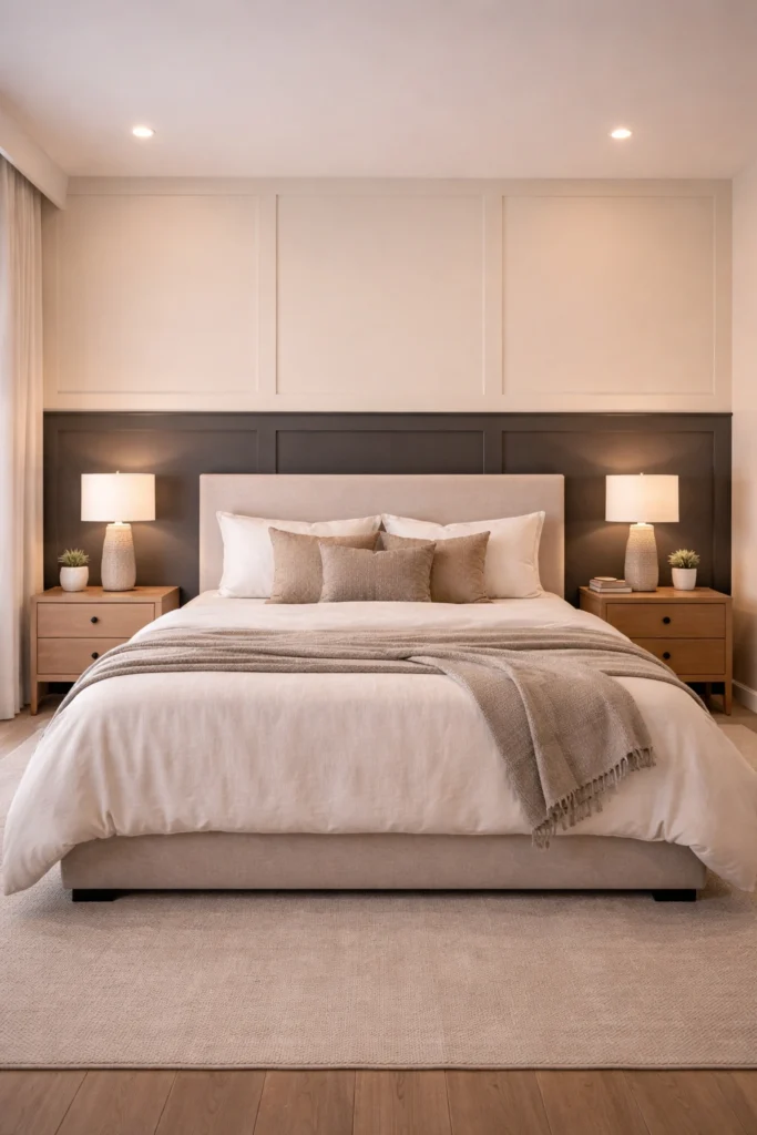 Two-Tone Paneling Bedroom Feature Wall Idea