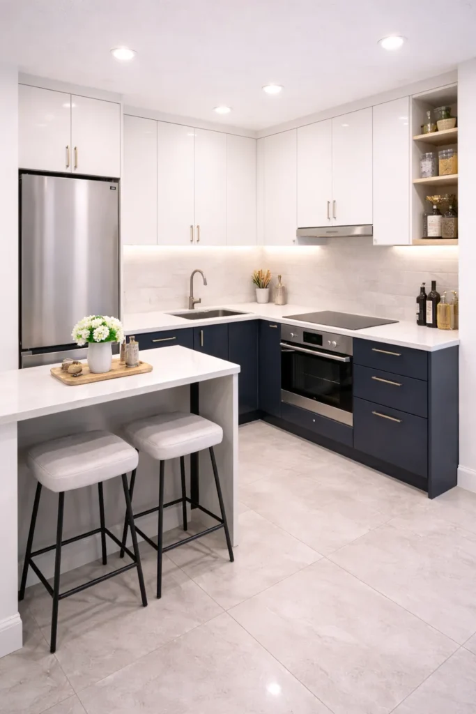 Two-Tone Small Kitchen with Stylish Contrast Idea