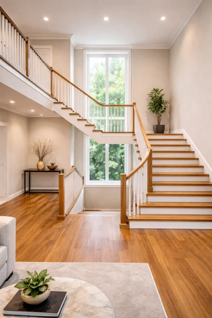 U-Shaped Wooden Staircase with Large Landing Window Style