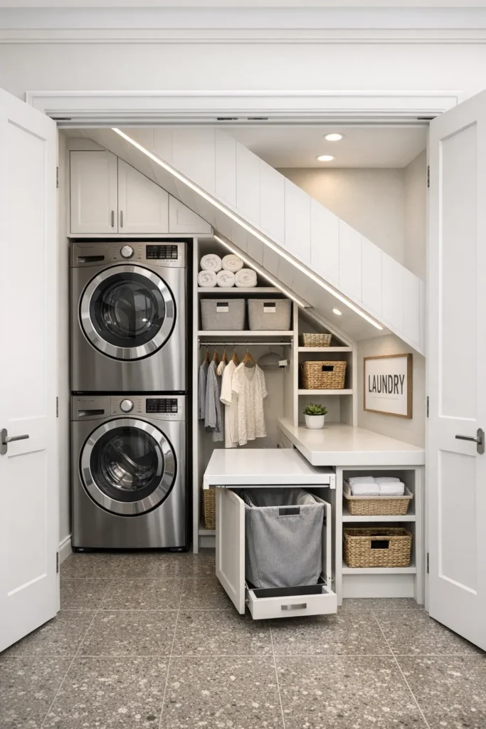Under-Stairs Laundry Room with Smart Organization Idea