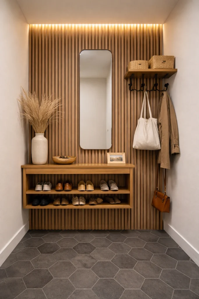 Vertical Wood Slat Accent Entryway Idea